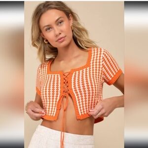 Sage The Label Orange & White Amore Lace-Up Cropped Sweater Top